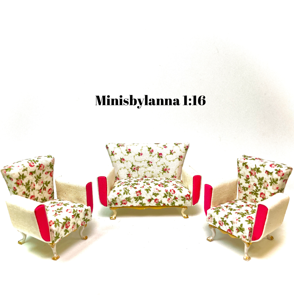 1:16 Dollhouse miniature living room set sofa and armchairs - Pink Roses