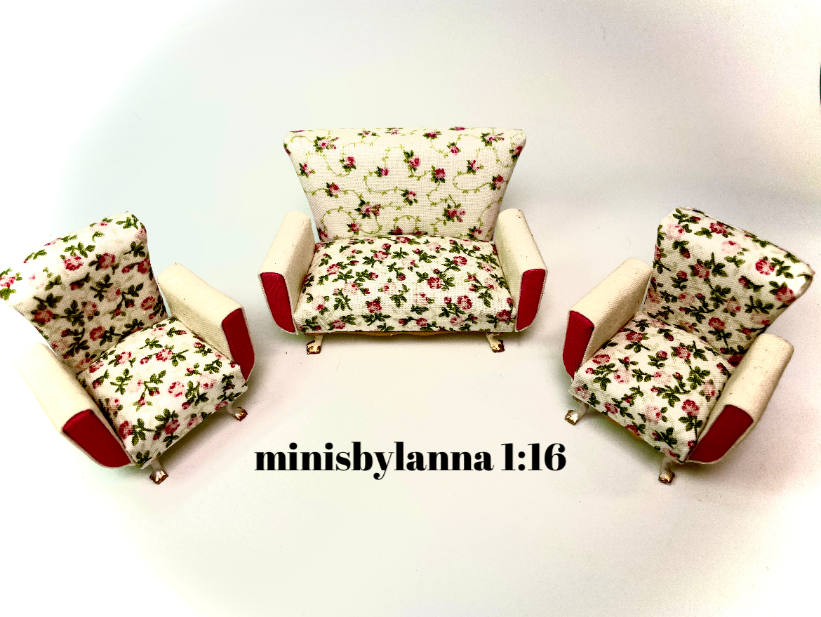 1:16 Dollhouse miniature living room set sofa and armchairs - Pink Roses