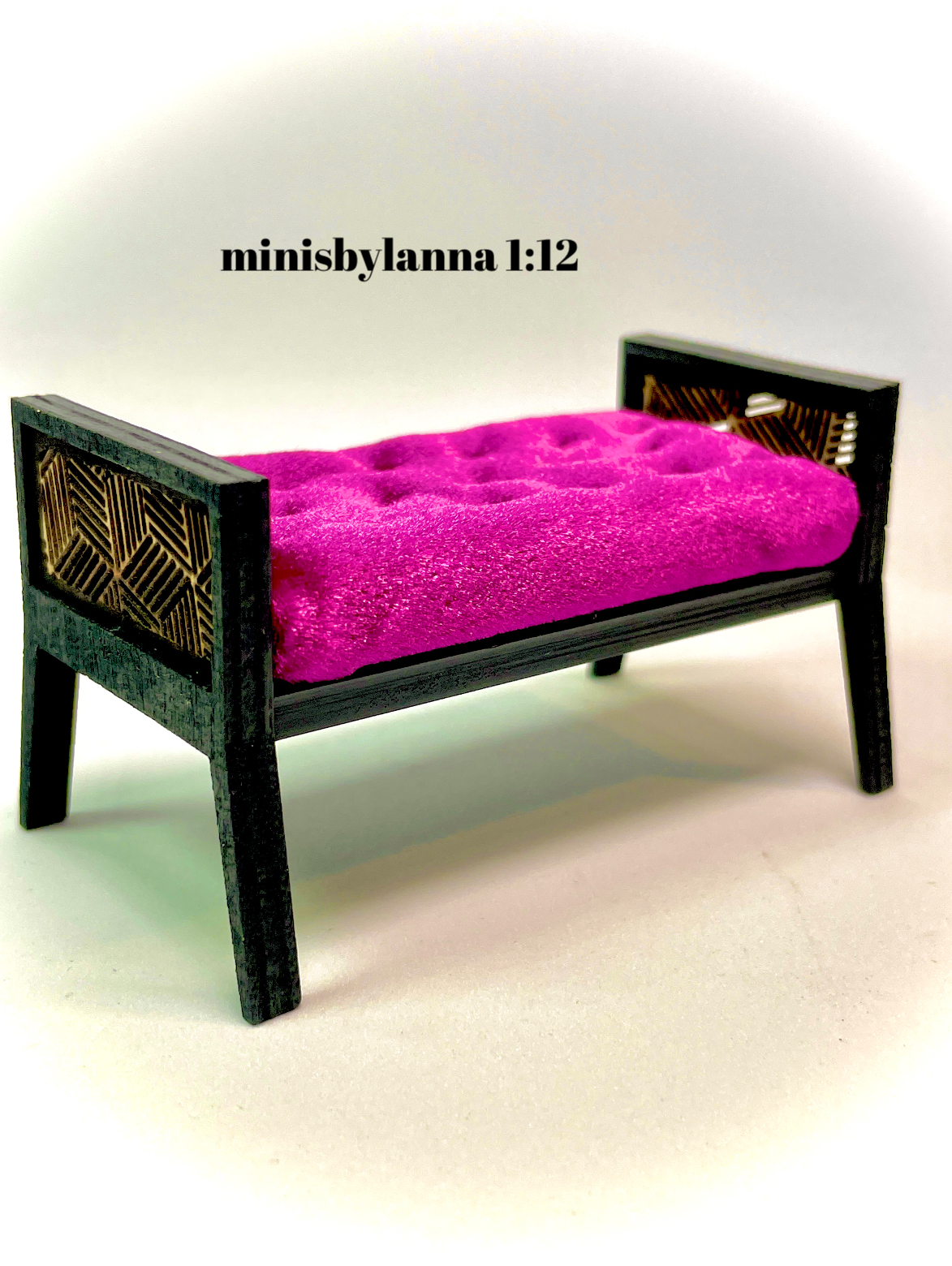 1:12 Dollhouse Art Deco wooden lattice long stool velvet burgundy