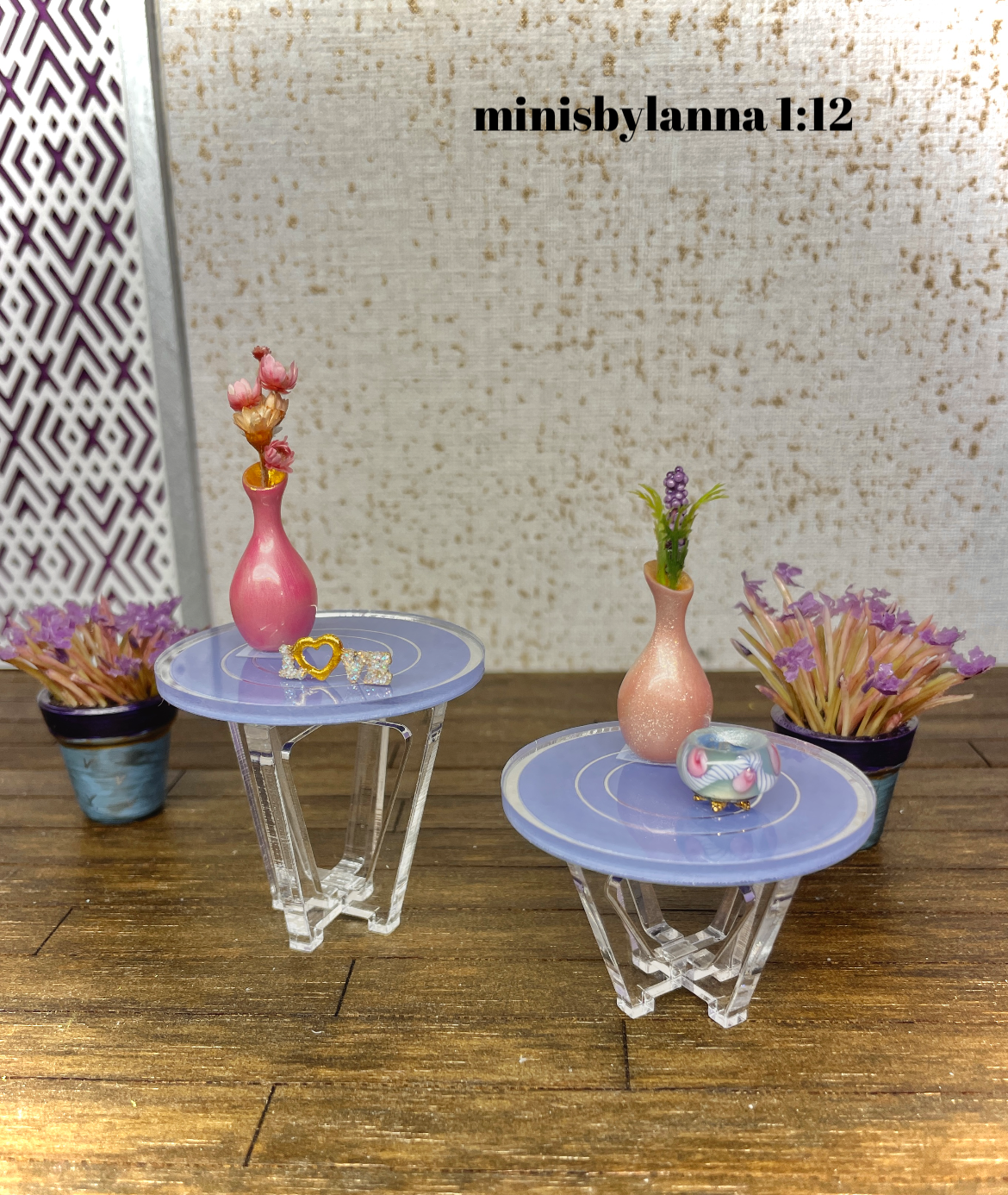 1:12 Dollhouse miniature two Art Deco side table set engraved top mirror