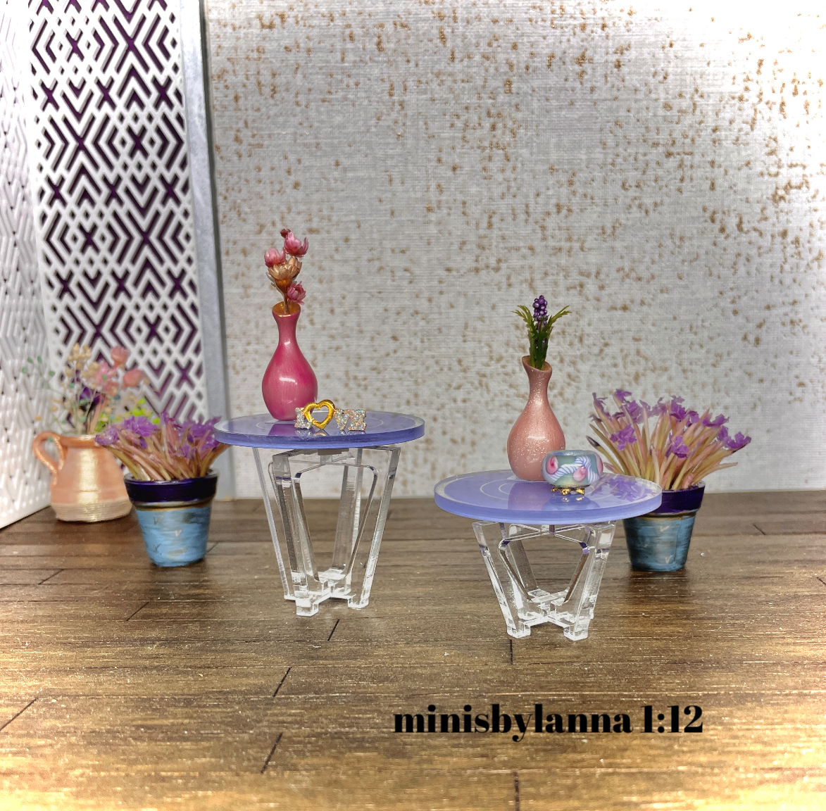 1:12 Dollhouse miniature two Art Deco side table set engraved top mirror