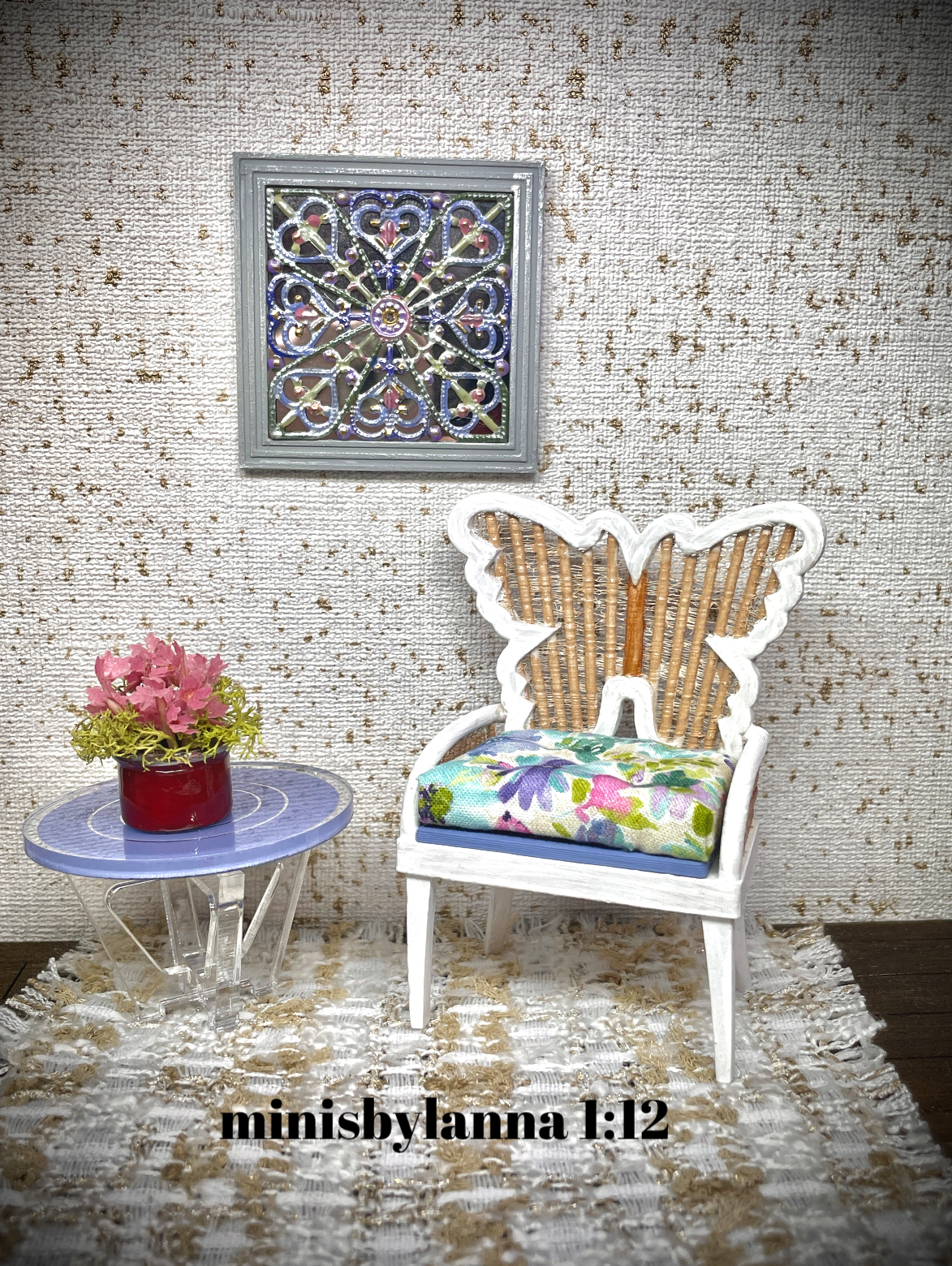 1:12 Dollhouse miniature large rattan Butterfly armchair pearl Spring 23