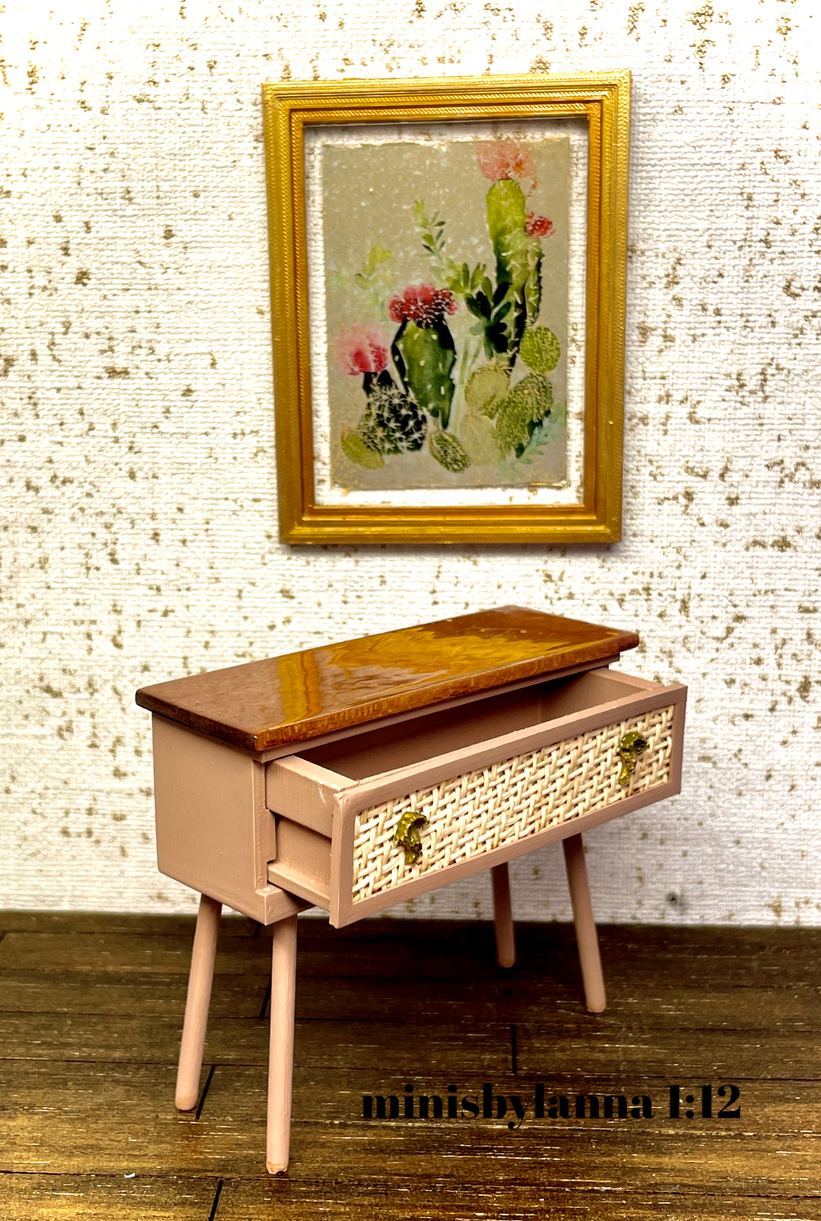 1:12 Dollhouse miniature raffia wooden chest of drawers 1 beige