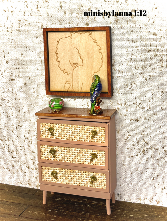 1:12 Dollhouse miniature raffia wooden chest of drawers beige