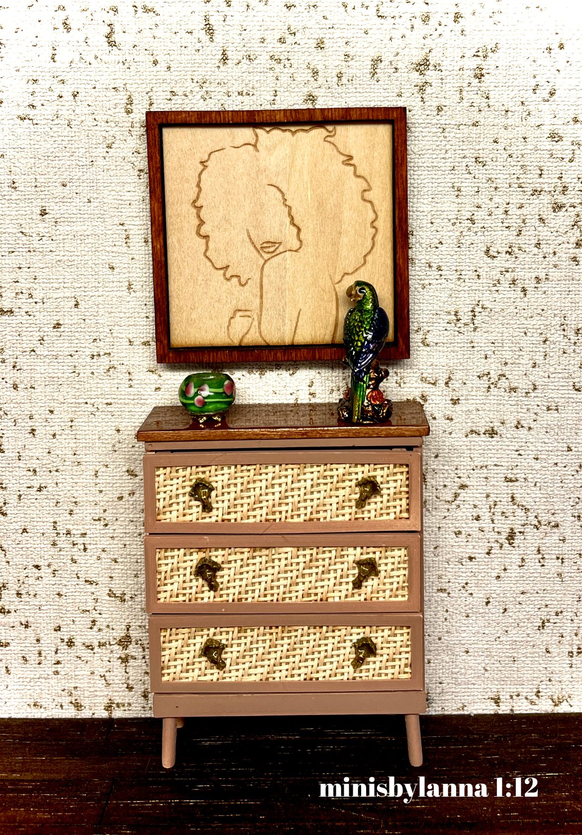 1:12 Dollhouse miniature raffia wooden chest of drawers beige