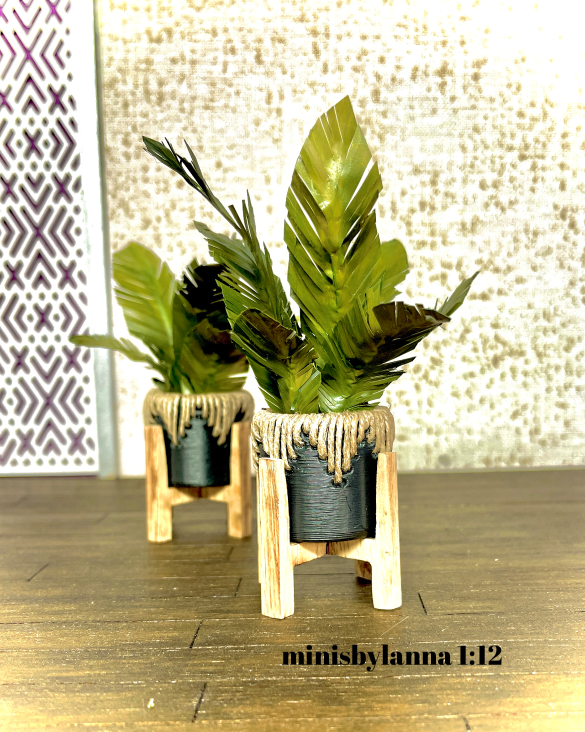 1:12 Dollhouse miniature tropical foliage pot with wooden stand - PAIR