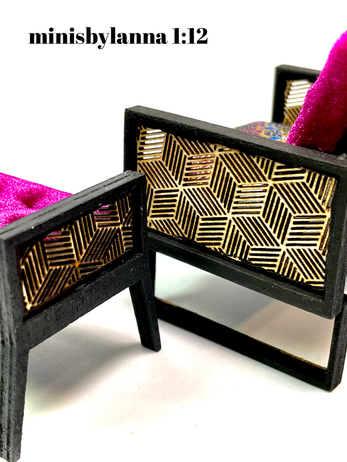 1:12 Dollhouse wooden Art Deco lattice armchair and long Stool burgundy geometric blue