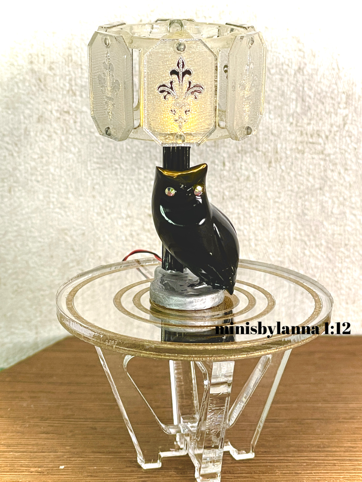 1:12 Dollhouse owl table lampshade mid century crystal mirror panels working LED