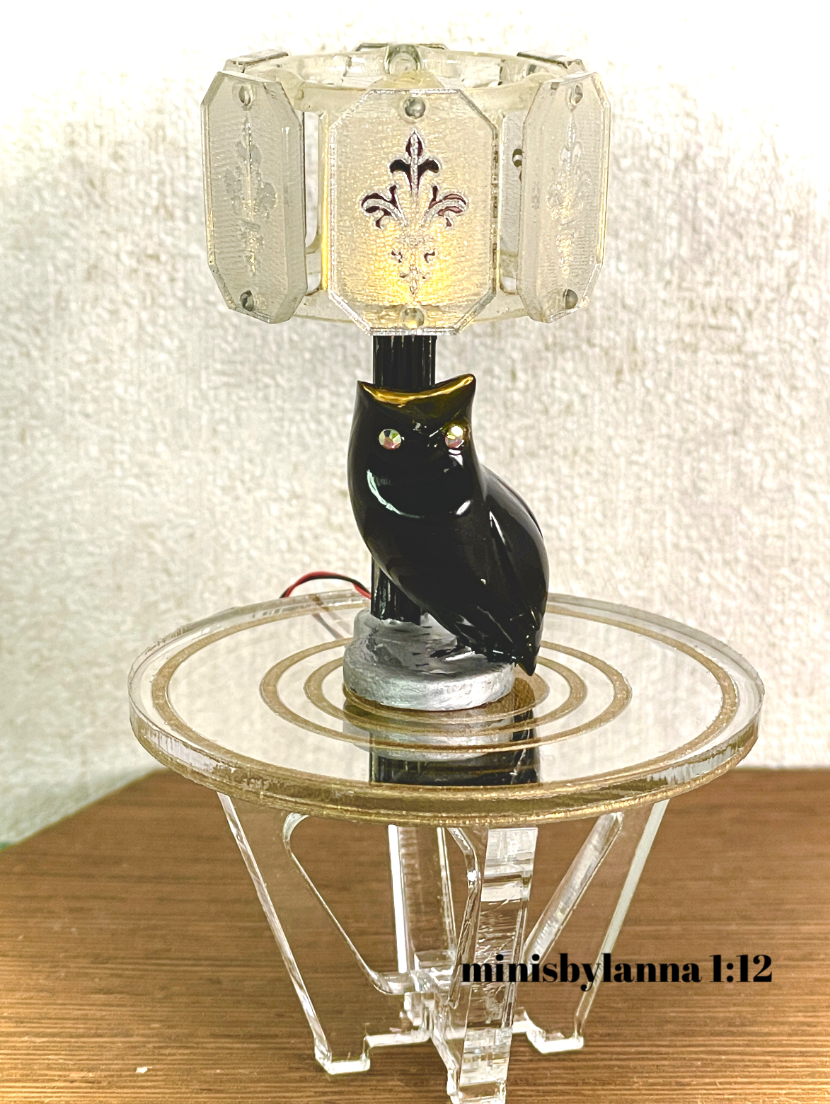 1:12 Dollhouse owl table lampshade mid century crystal mirror panels working LED