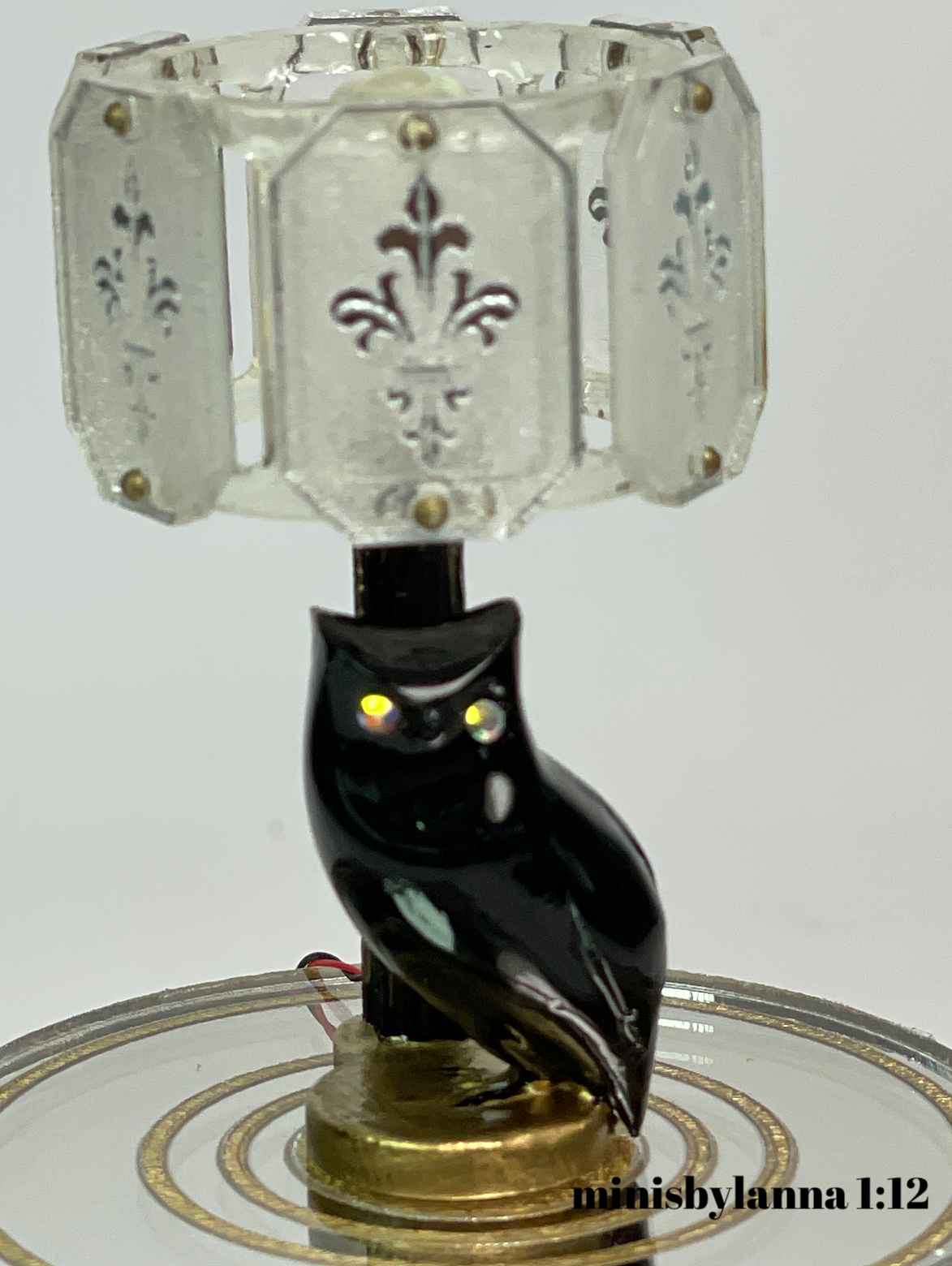 1:12 Dollhouse owl table lampshade mid century crystal mirror panels working LED