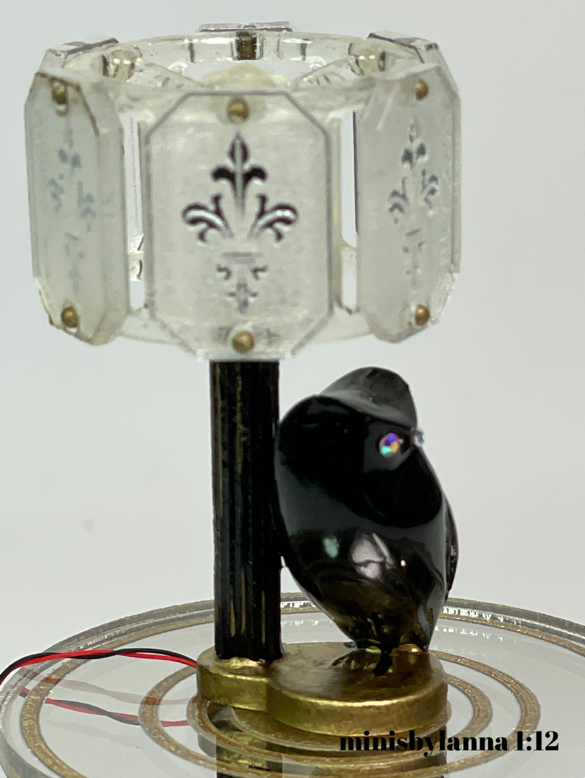 1:12 Dollhouse owl table lampshade mid century crystal mirror panels working LED