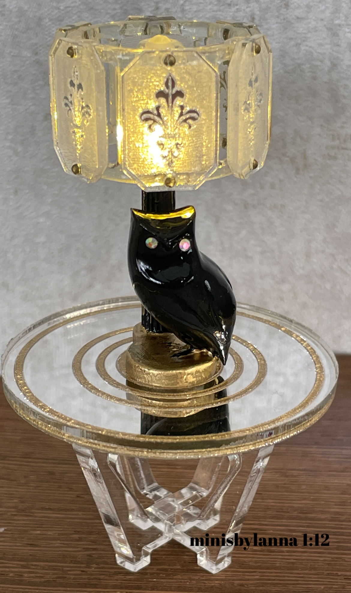 1:12 Dollhouse owl table lampshade mid century crystal mirror panels working LED