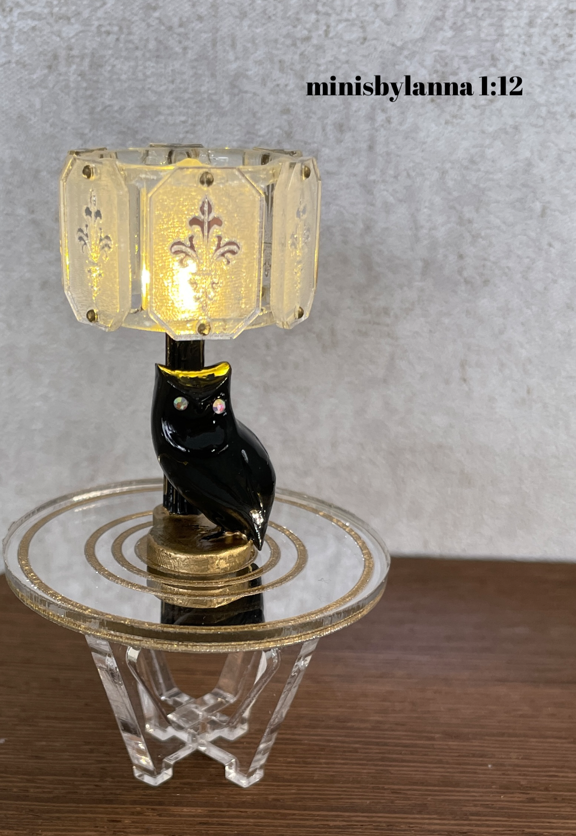1:12 Dollhouse owl table lampshade mid century crystal mirror panels working LED