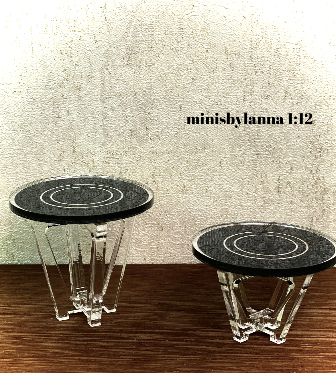 1:12 Dollhouse miniature two Art Deco side table set engraved top mirror