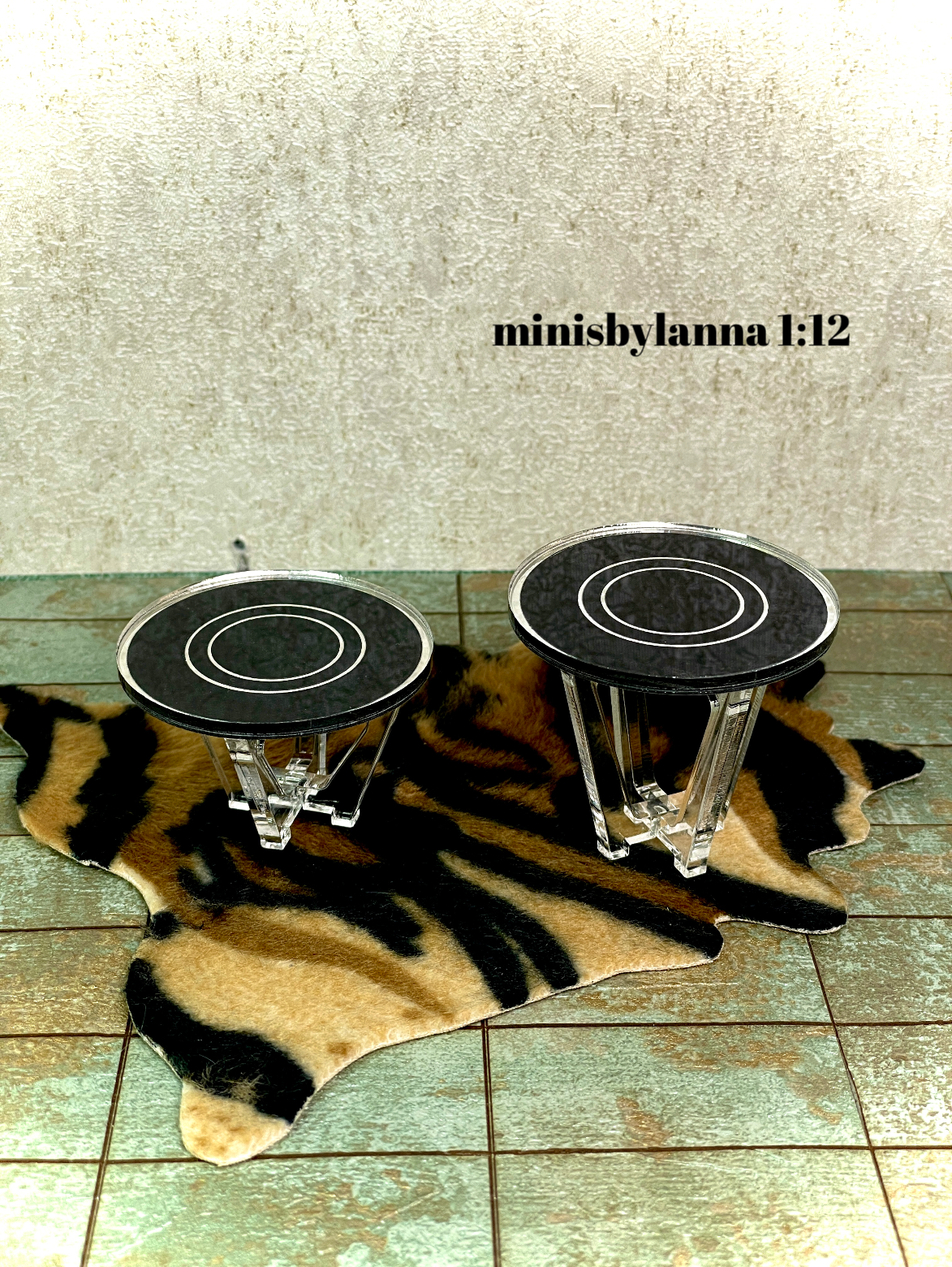1:12 Dollhouse miniature two Art Deco side table set engraved top mirror