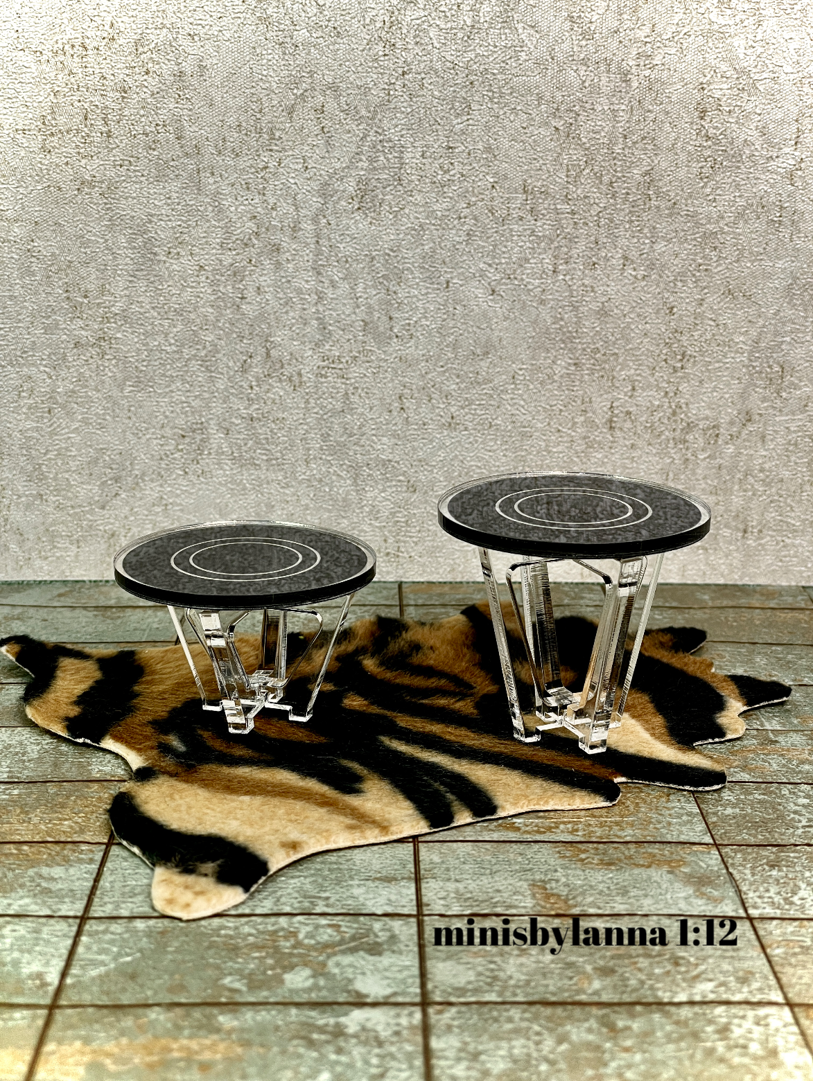 1:12 Dollhouse miniature two Art Deco side table set engraved top mirror