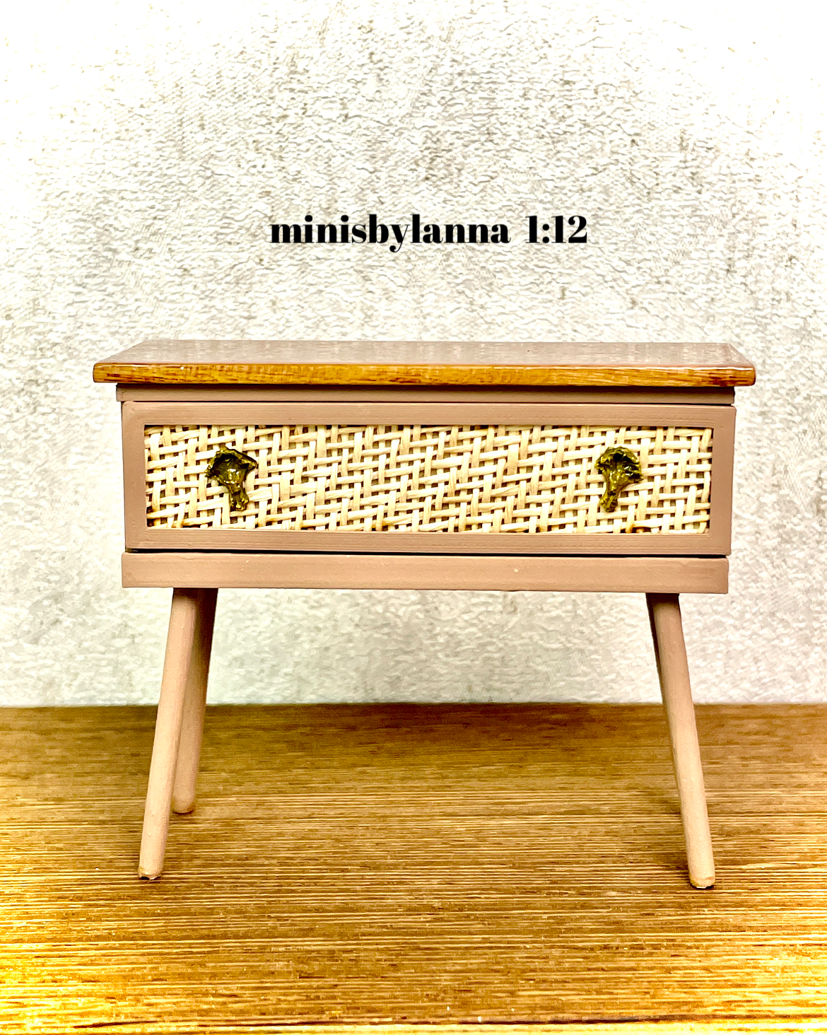 1:12 Dollhouse miniature raffia wooden chest of drawers 1 beige