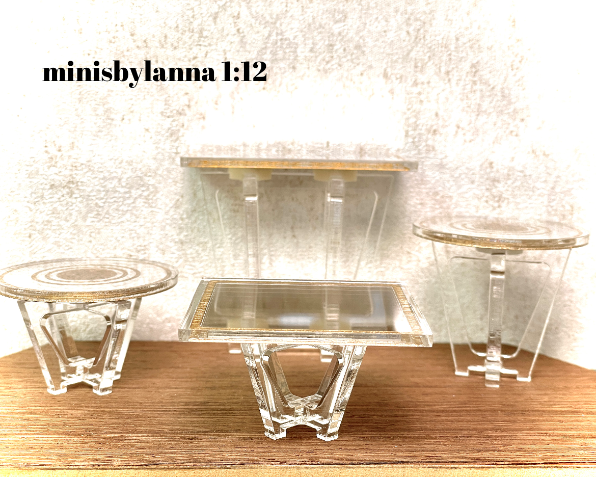 1:12 Dollhouse miniature three Art Deco side table set engraved gold top mirror