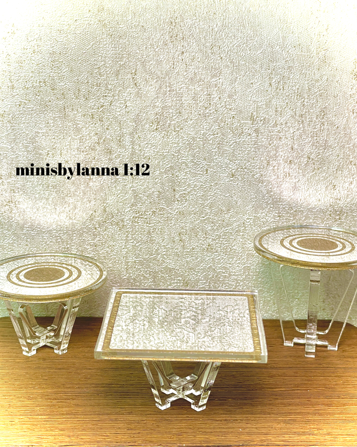 1:12 Dollhouse miniature three Art Deco side table set engraved gold top mirror