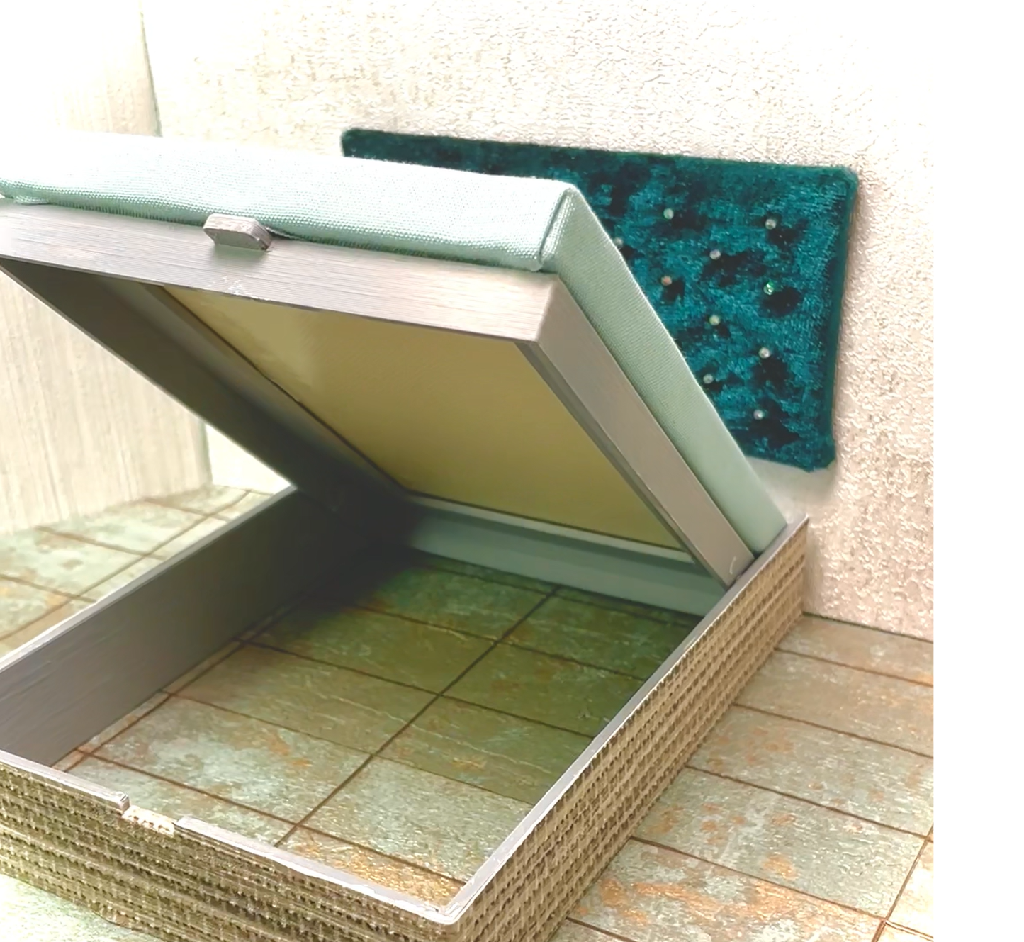 1:12 Dollhouse miniature Melli storage double bed in teal color