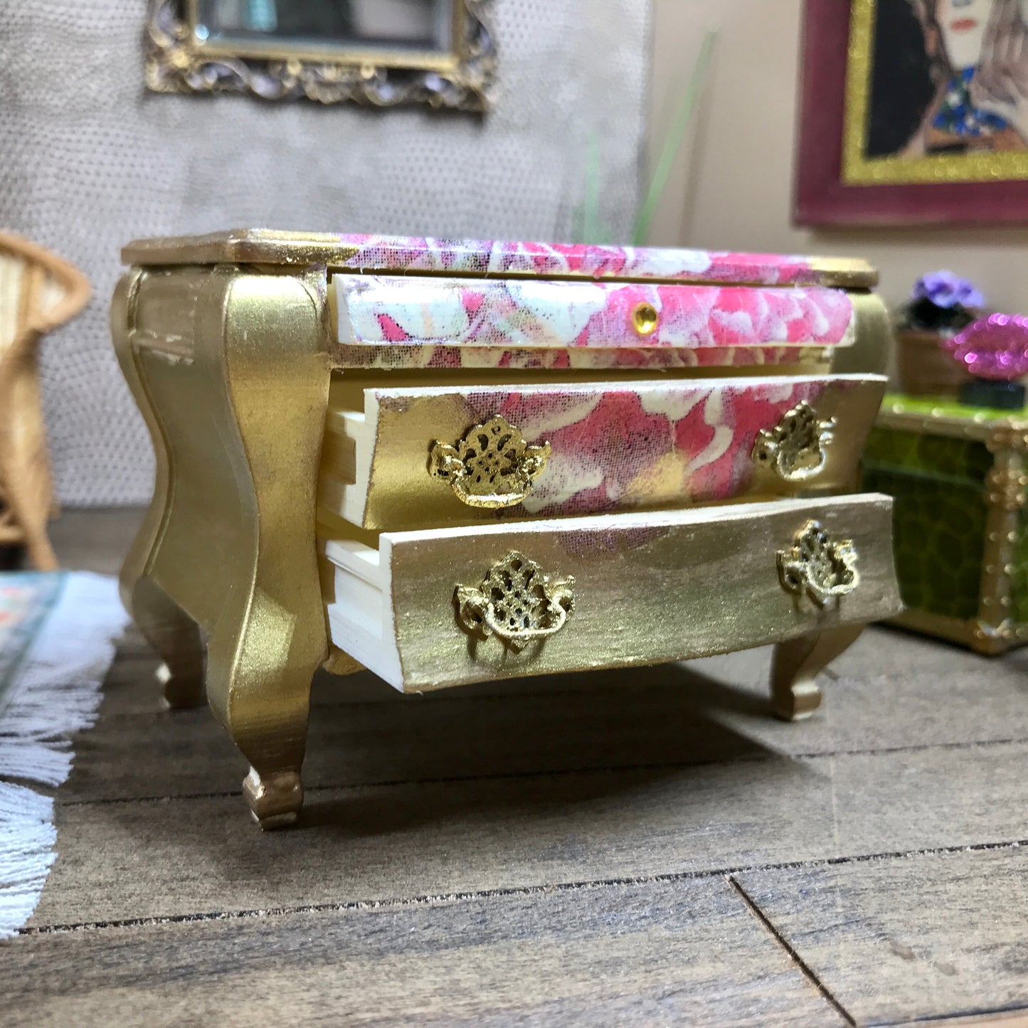1:12 Dollhouse miniature unique chest of drawers with decoupage - various colors