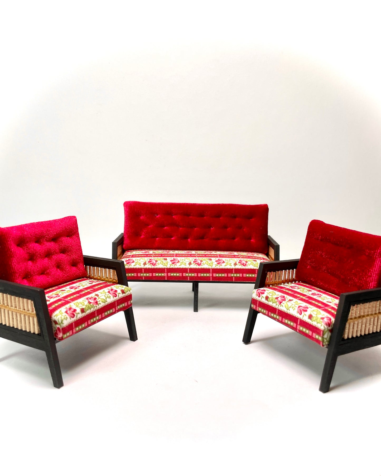 1:12 Dollhouse wooden Art Deco rattan red velvet furniture