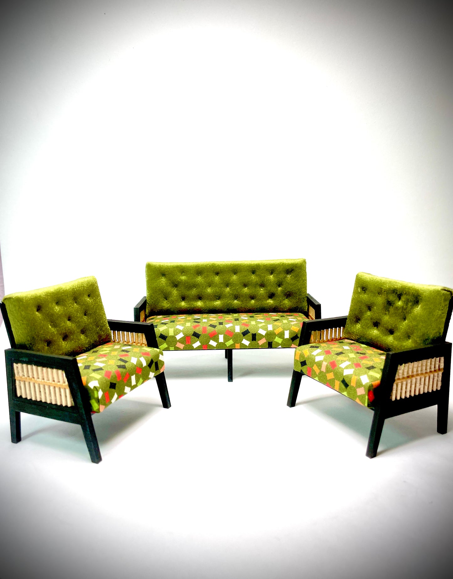 1:12 Dollhouse wooden Art Deco rattan olive green velvet furniture