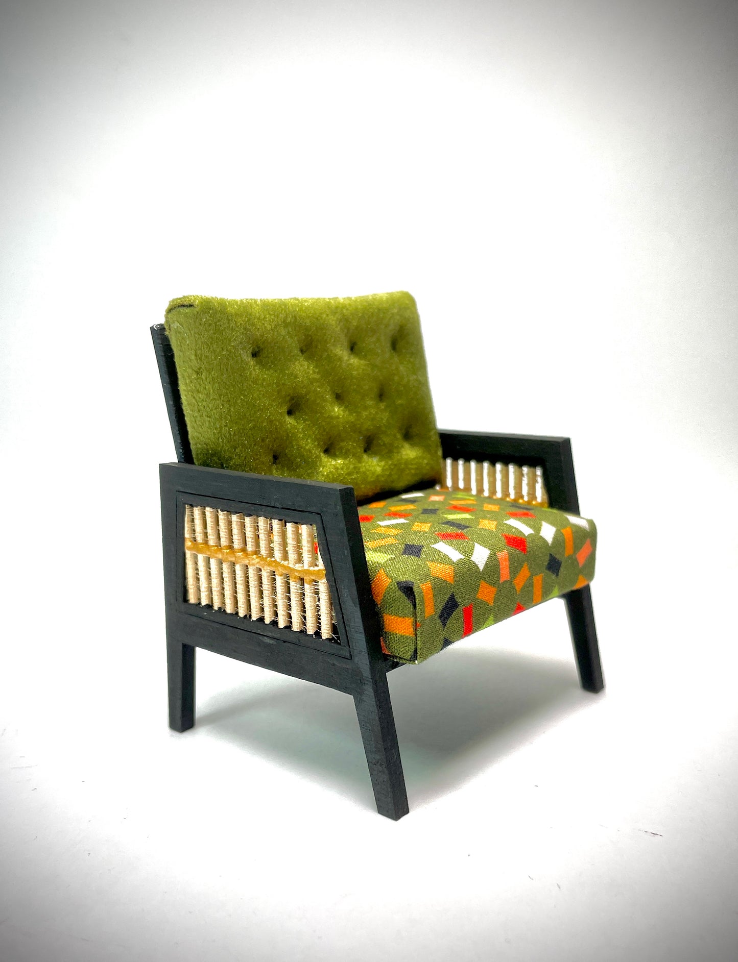 1:12 Dollhouse wooden Art Deco rattan olive green velvet furniture