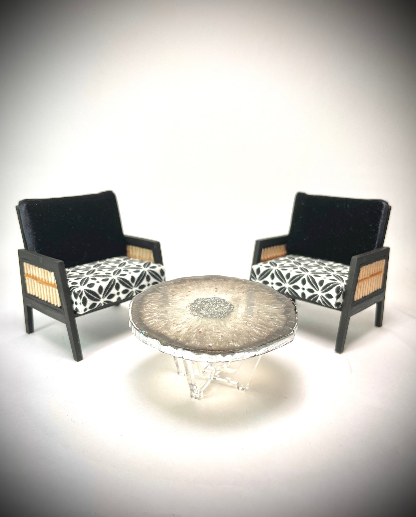 1:12 Dollhouse wooden Art Deco rattan geometric black & white furniture