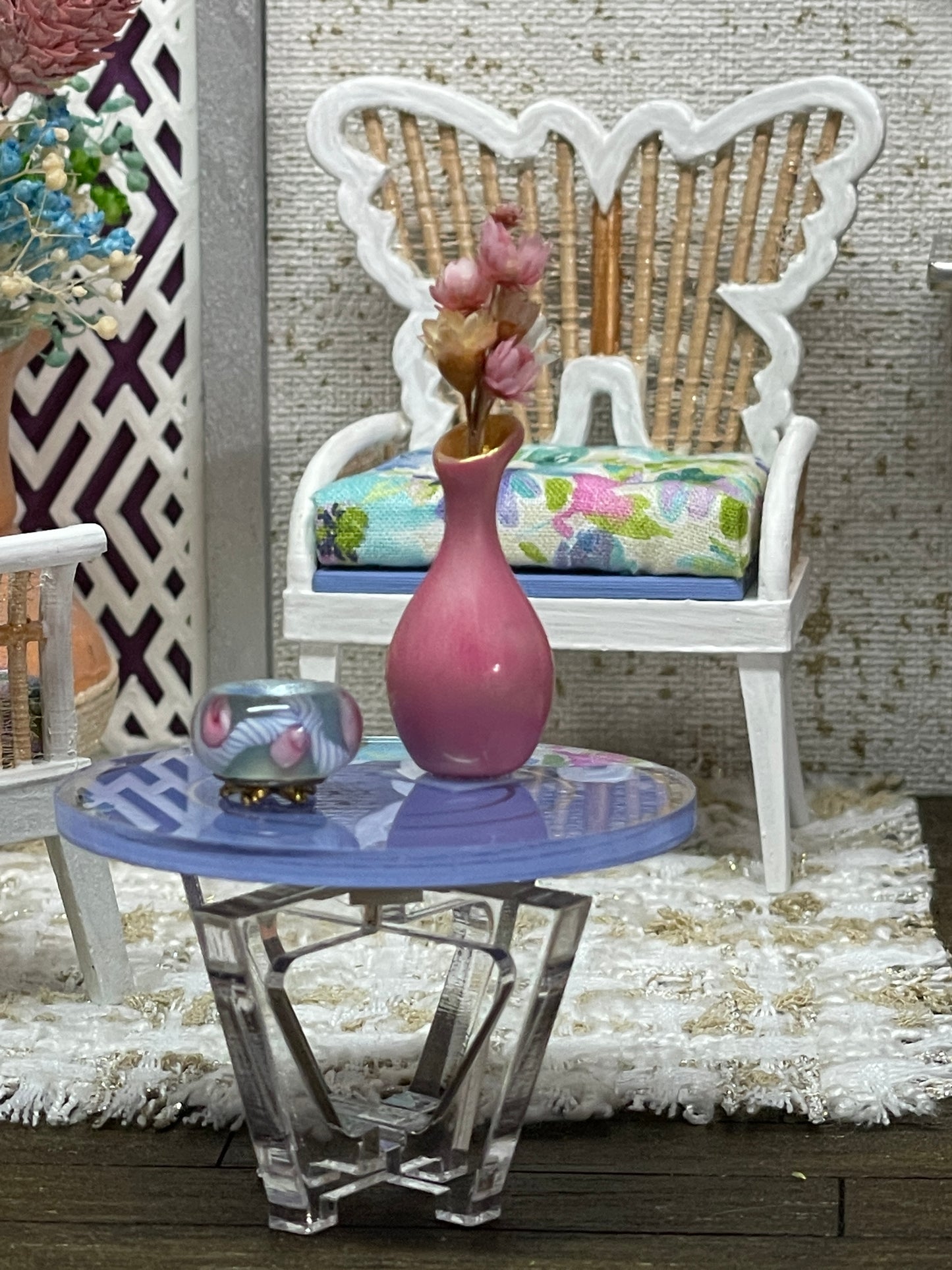 1:12 Dollhouse miniature large rattan Butterfly armchair pearl Spring 23