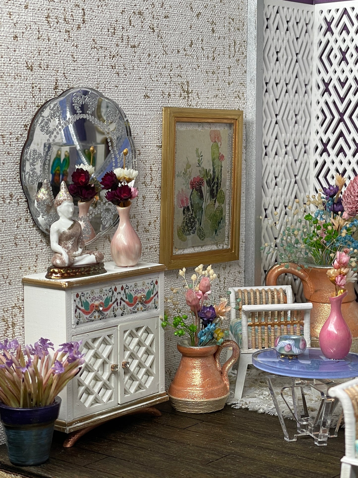 1:12 Dollhouse miniature mirror petaled flowers clear wall