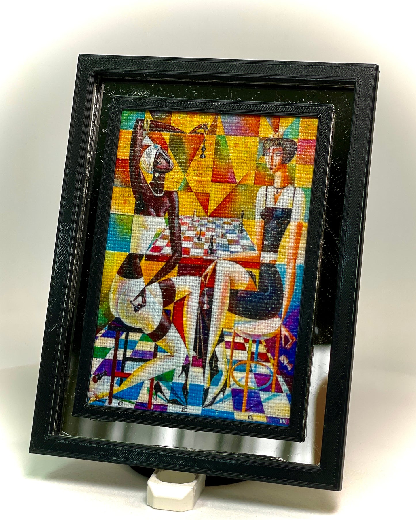 1:12 Dollhouse miniature modern chess players picture canvas on a mirrored frame