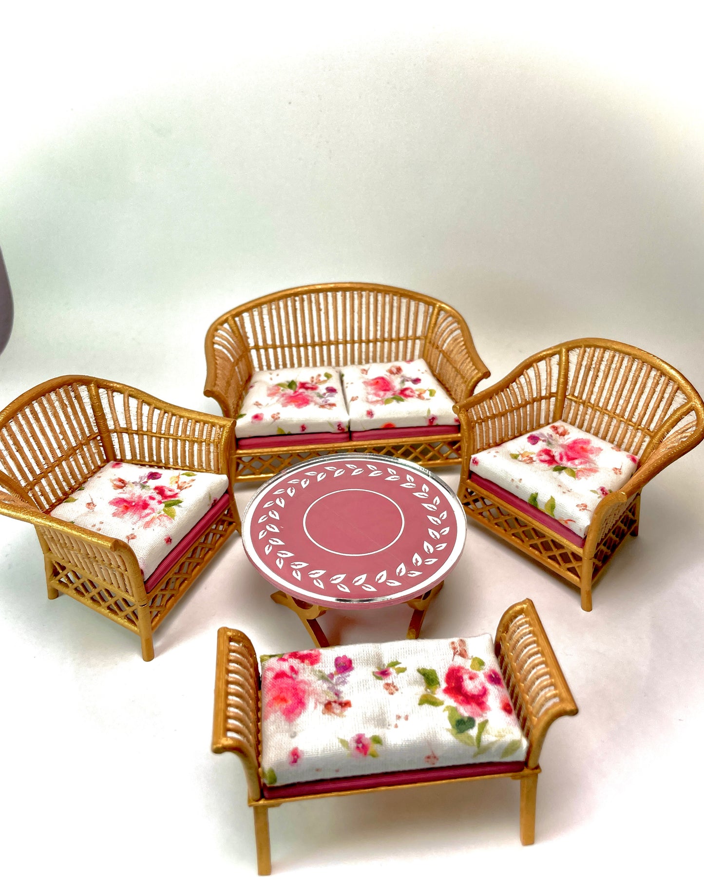 1:12 Dollhouse cane rattan spring pink furniture
