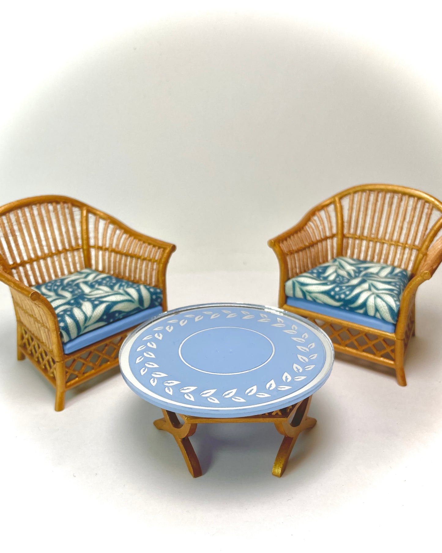 1:12 Dollhouse cane rattan tropical blue furniture