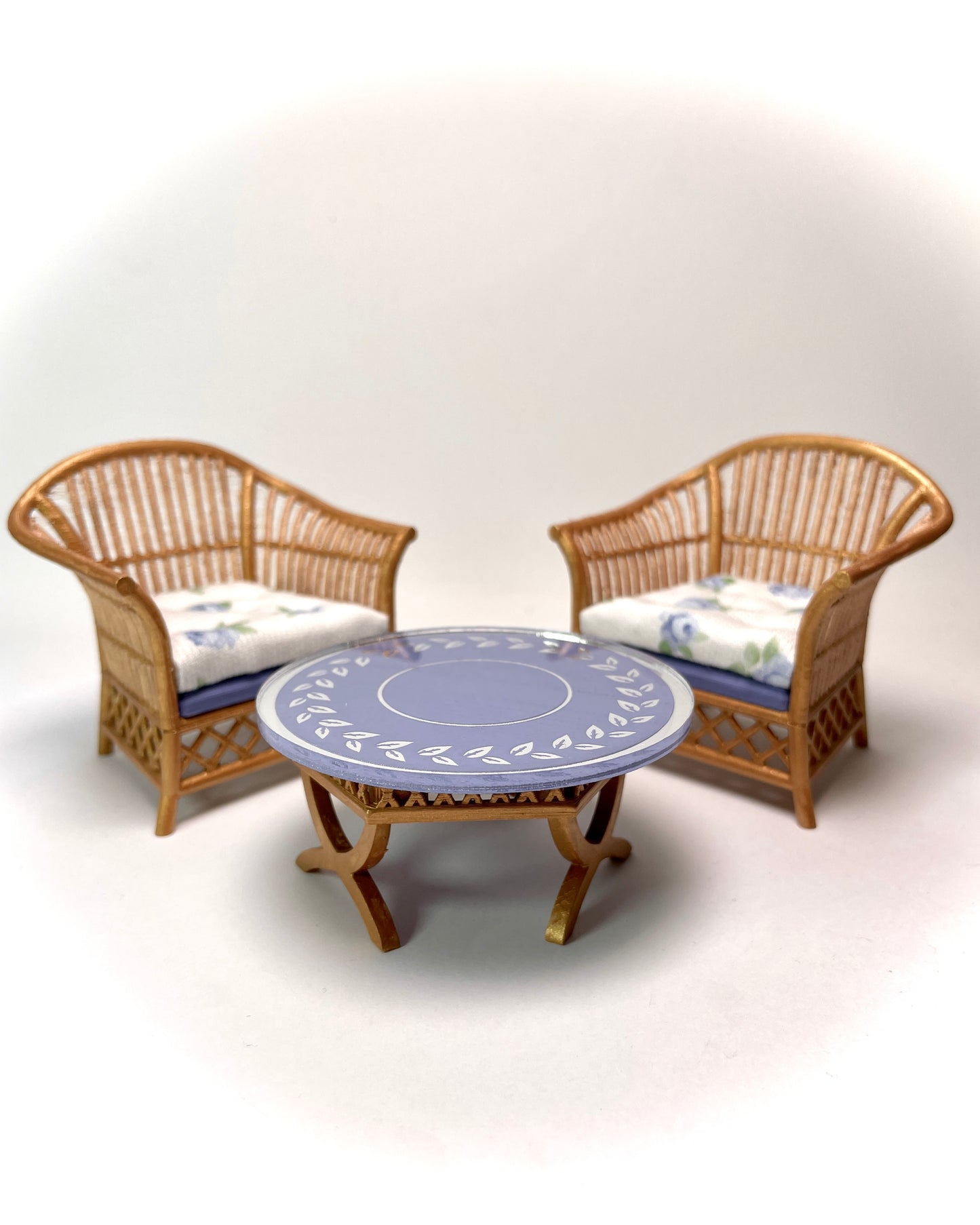 1:12 Dollhouse cane rattan blue roses furniture