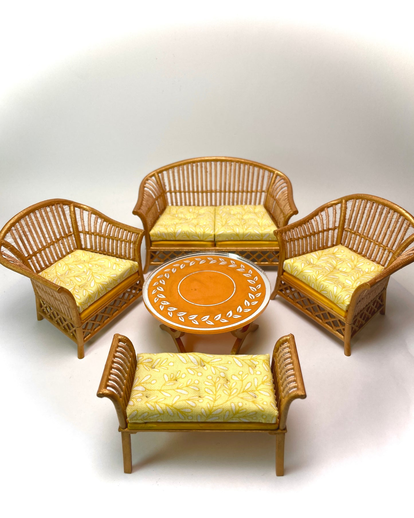 1:12 Dollhouse cane rattan yellow leaves furniture