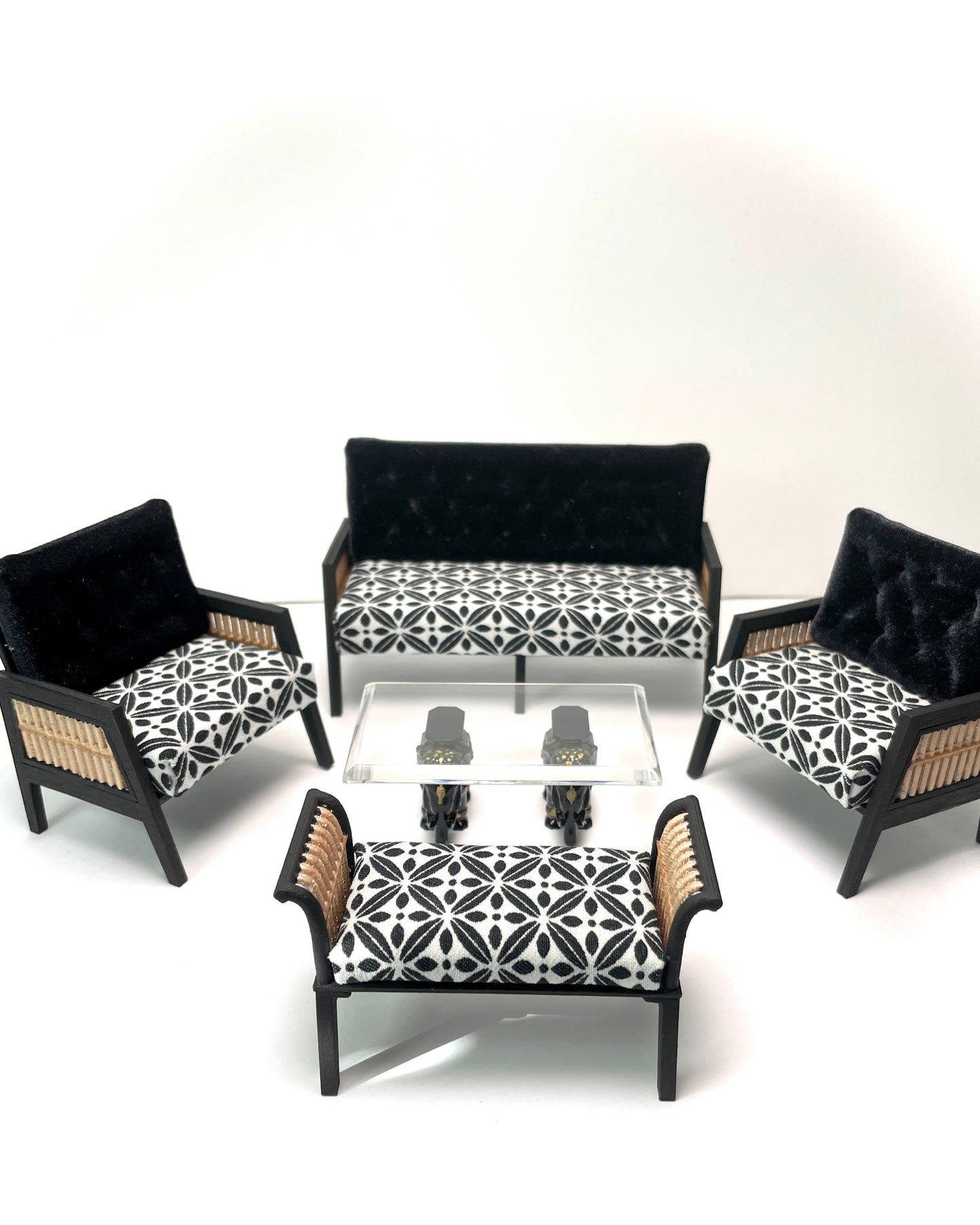 1:12 Dollhouse wooden Art Deco rattan geometric black & white furniture