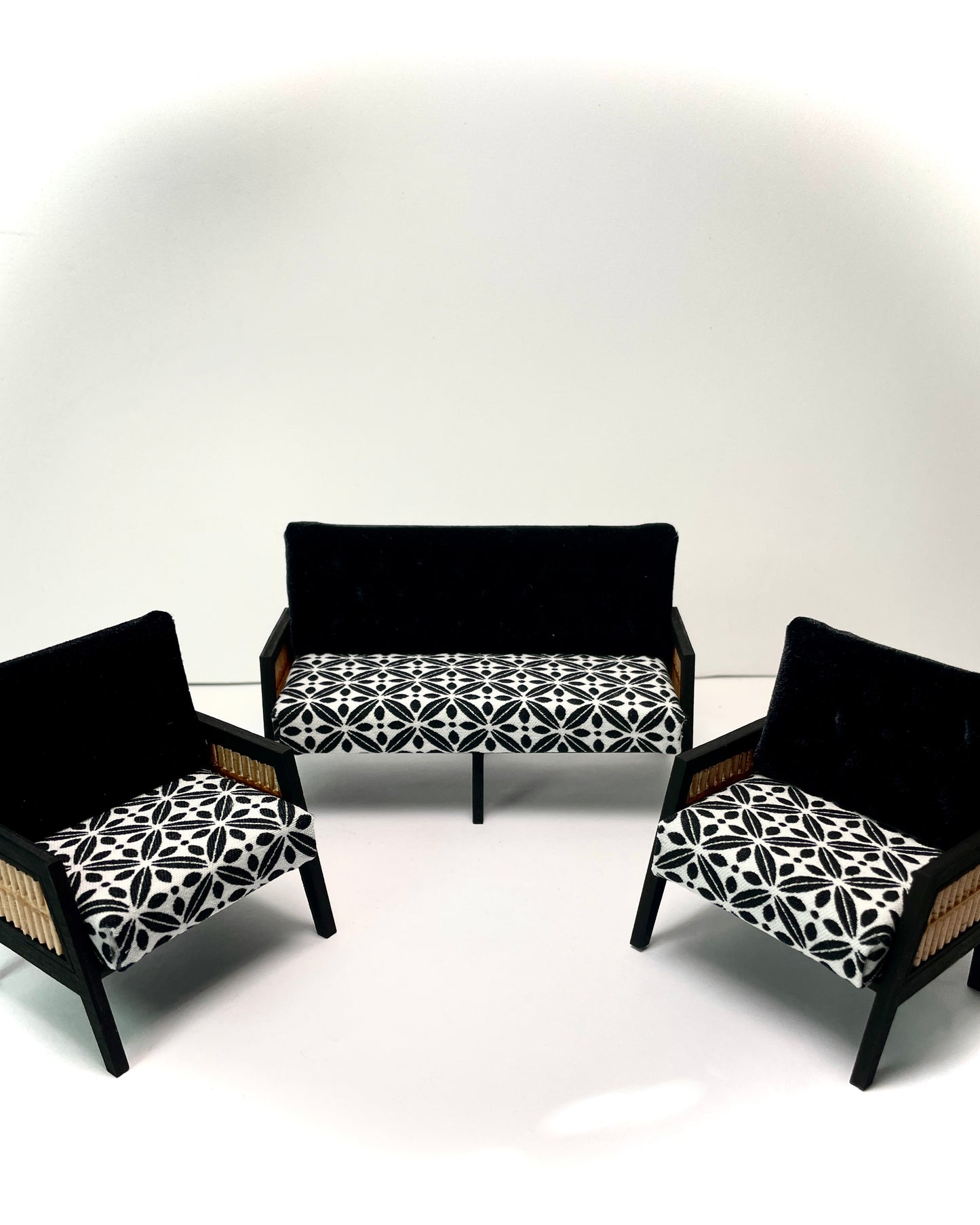 1:12 Dollhouse wooden Art Deco rattan geometric black & white furniture