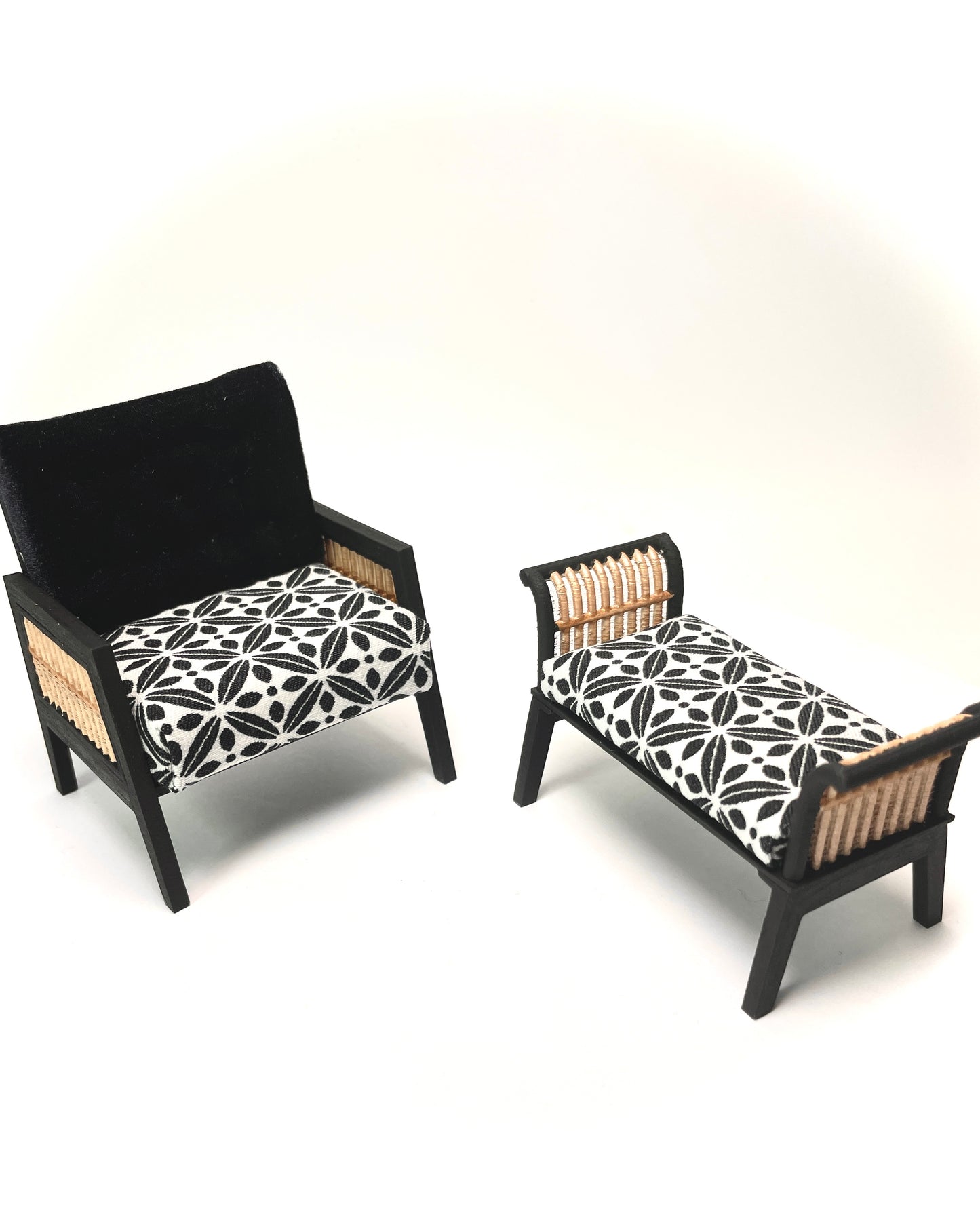 1:12 Dollhouse wooden Art Deco rattan geometric black & white furniture