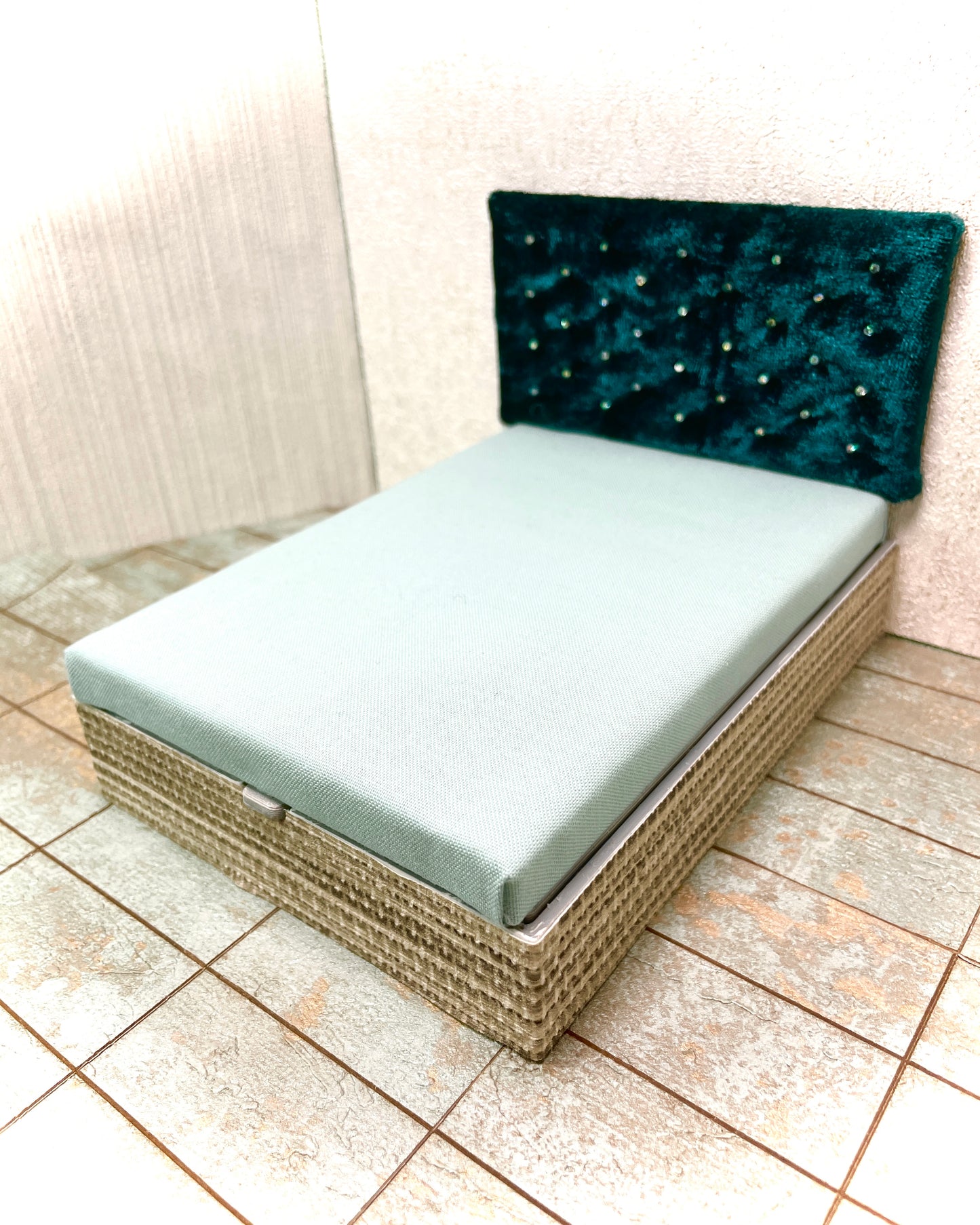 1:12 Dollhouse miniature Melli storage double bed in teal color