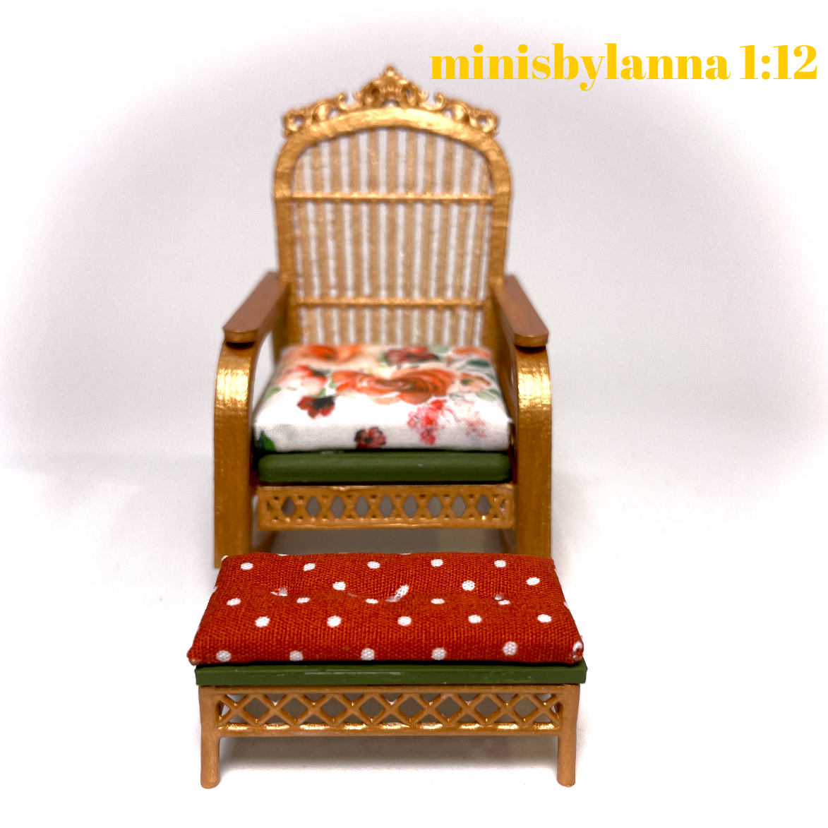 1:12 Dollhouse cane rattan rocking chair and foot-stool autumn roses