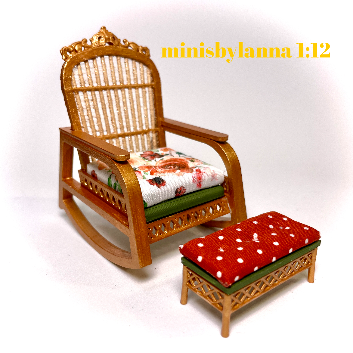1:12 Dollhouse cane rattan rocking chair and foot-stool autumn roses