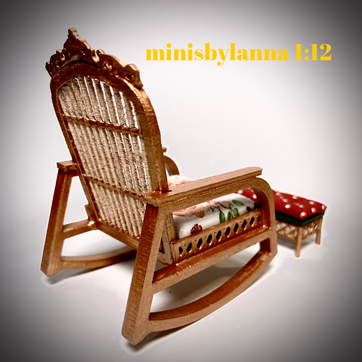 1:12 Dollhouse cane rattan rocking chair and foot-stool autumn roses