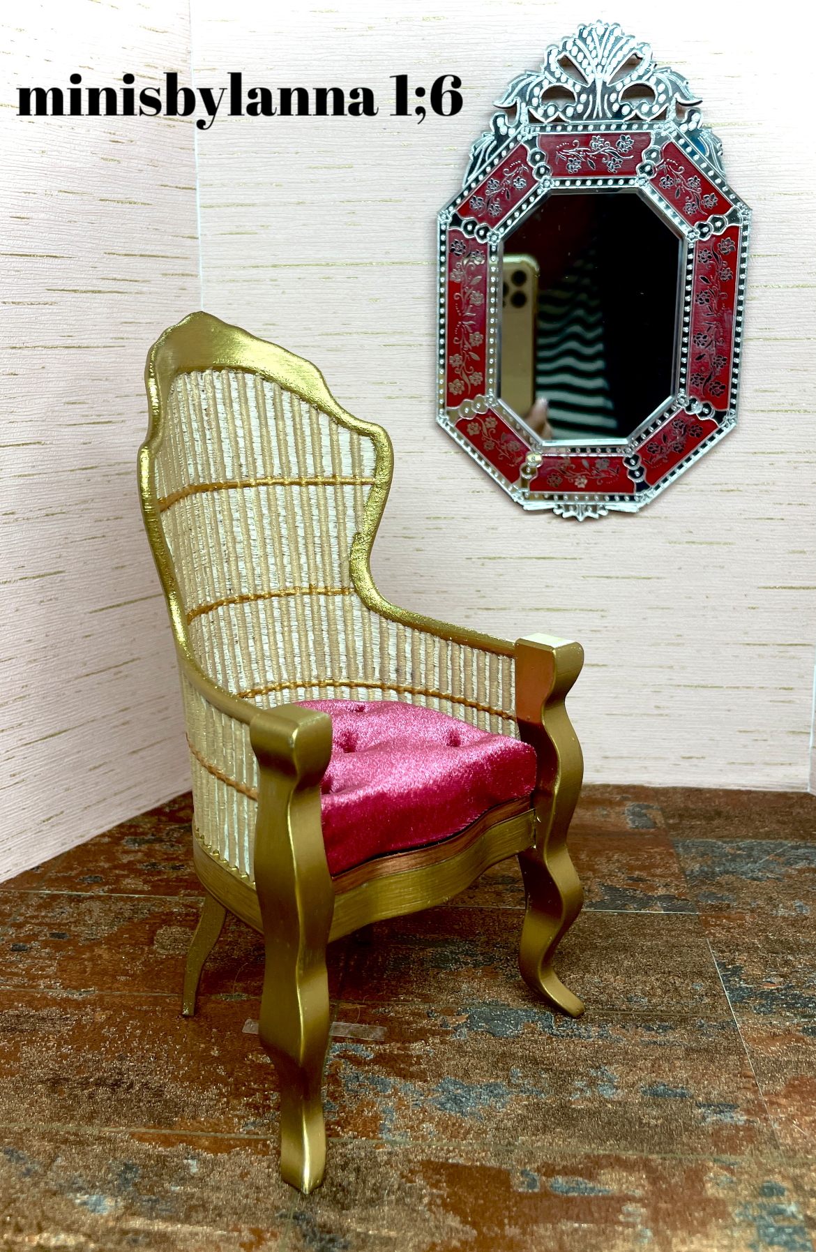 1:6 Dollhouse miniature Victorian rattan velvet cerise chair