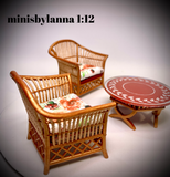 1:12 Dollhouse cane rattan armchairs and mirrored table set autumn roses