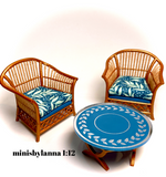 1:12 Dollhouse cane rattan armchairs and mirrored table set tropical blue