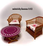 1:12 Dollhouse cane rattan armchairs and mirrored table set spring pink