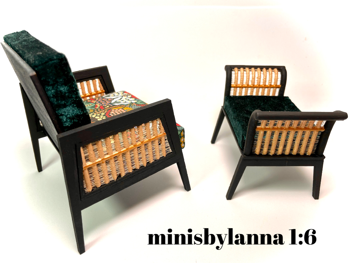 1:6 Dollhouse miniature wooden Art Deco rattan armchair and stool velvet spring green