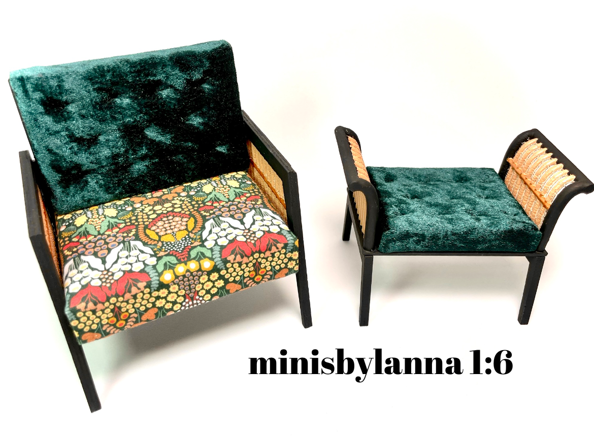 1:6 Dollhouse miniature wooden Art Deco rattan armchair and stool velvet spring green