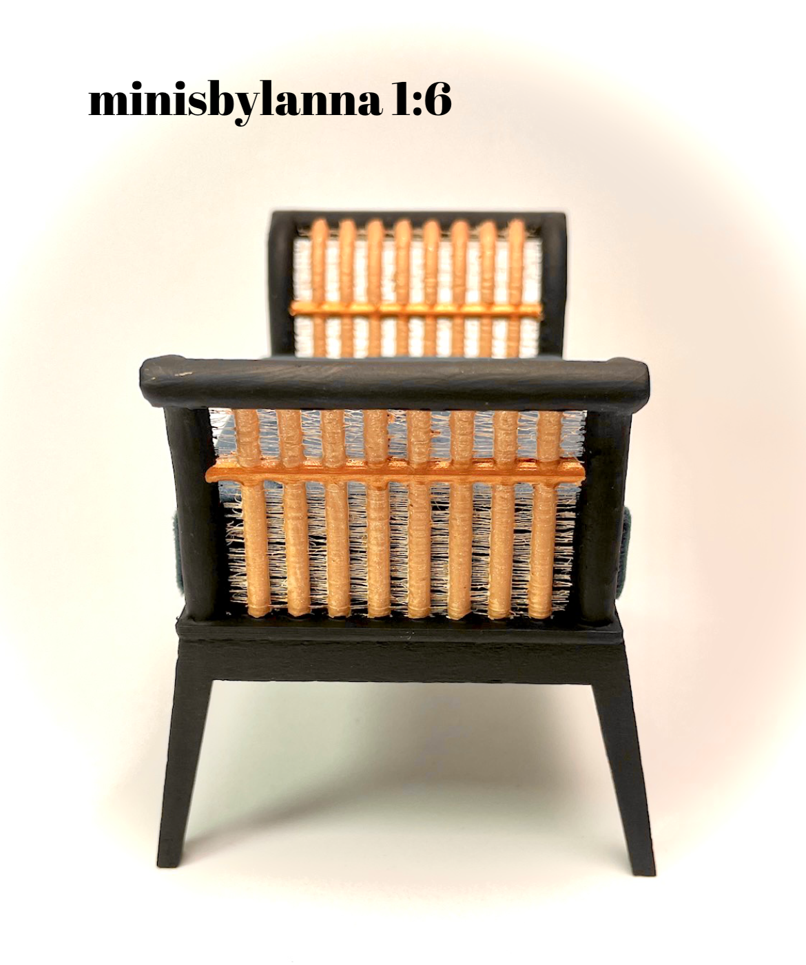 1:6 Dollhouse miniature wooden Art Deco rattan stool velvet deep blue